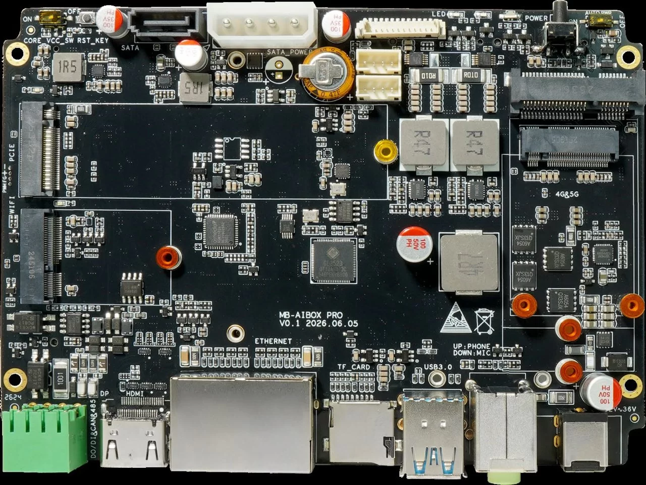 AIBOX PRO KIT 接口布局：双 2.5G 网口、HDMI/DP、USB3.0、SATA、PCIe
