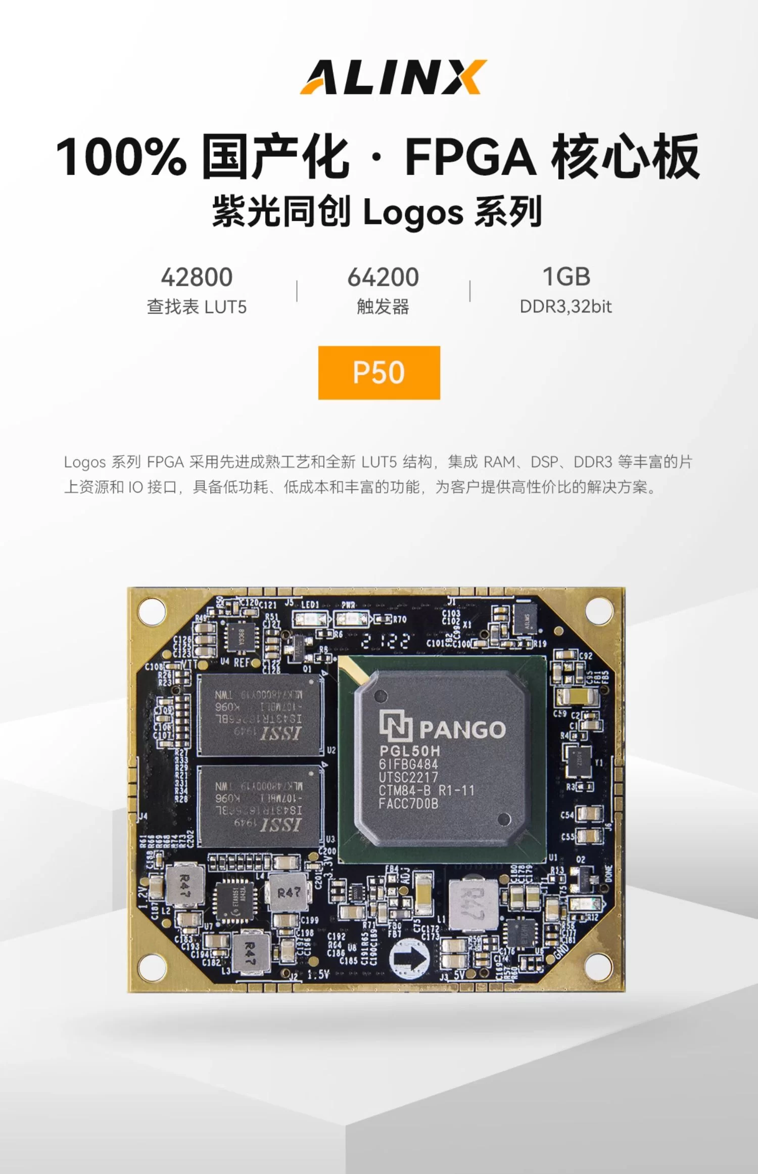 国产FPGA核心板 ALINX 紫光同创Logos PGL50H 工业级 DDR3 PCIe